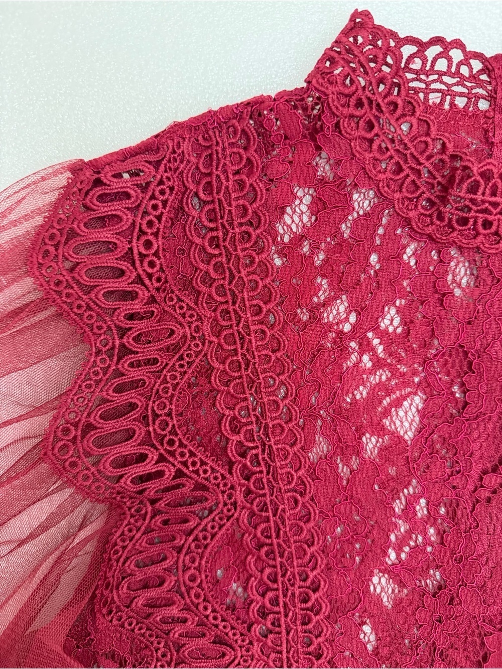 Peach Red Lace High Neck Blouse Sheer Sleeve Gothic Victorian Romantic Top L - Picture 4 of 15